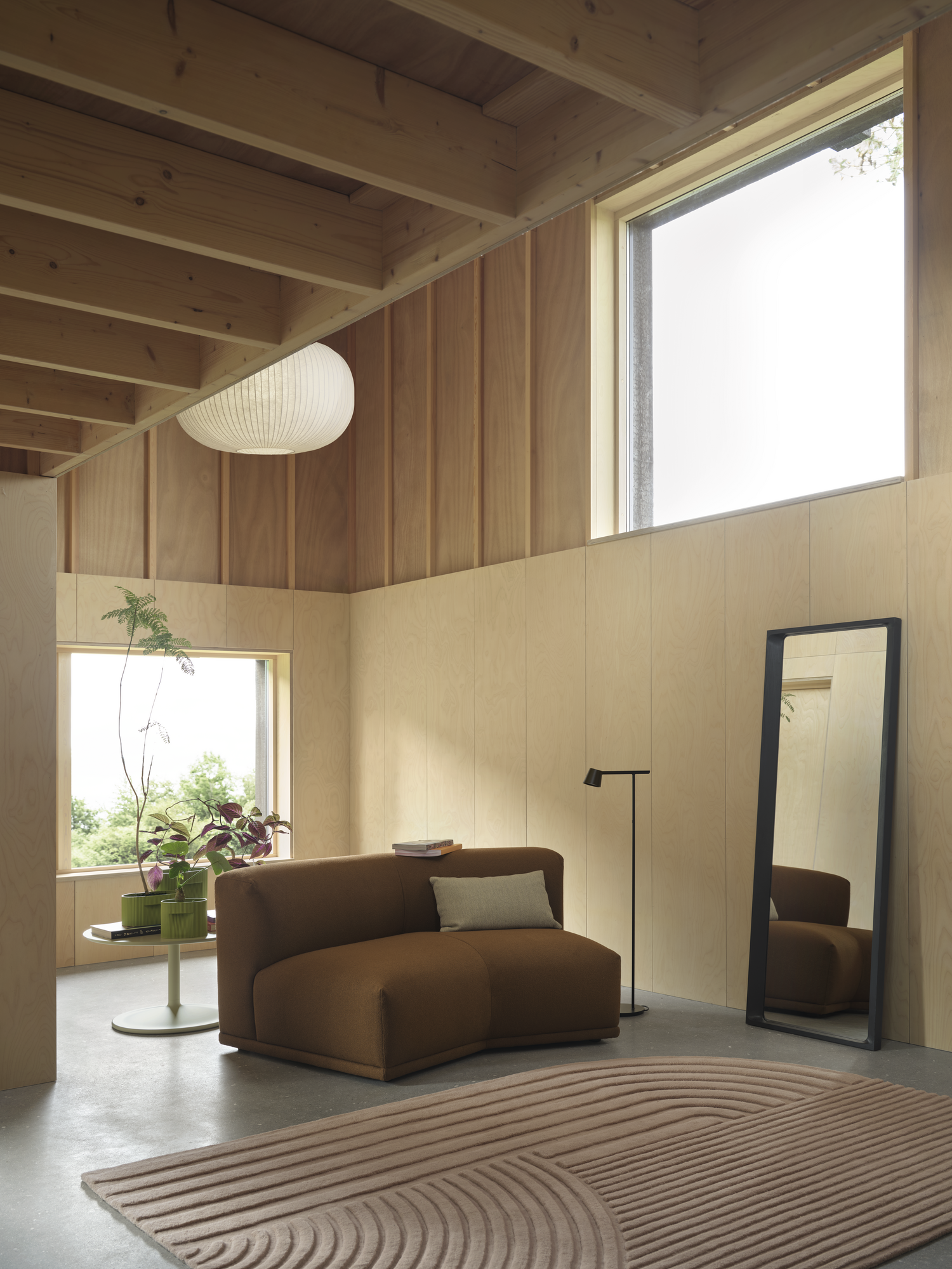 Arced Mirror in Midnight Blue - Relevo Rug in Light Rose - Ridge Planter in Moss Green - Connect Modular Sofa in Acca 361