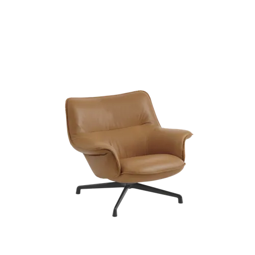 Packshot image of Muuto Doze Lounge Chair Low Back Swivel Base in Refine Leather Cognac/Polished