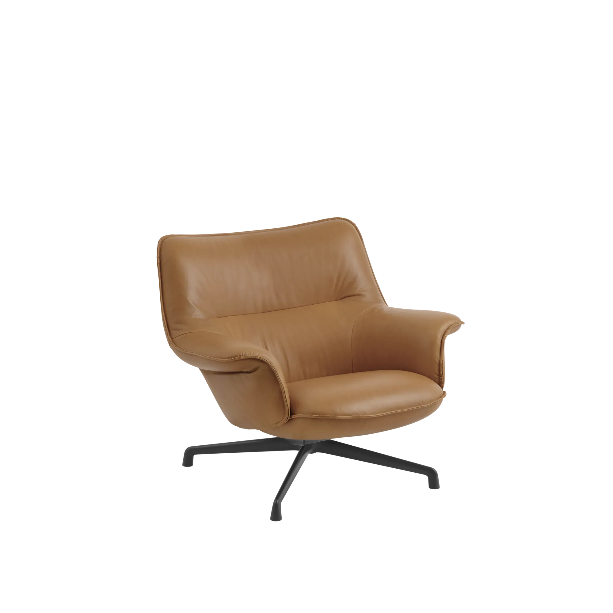 Packshot image of Muuto Doze Lounge Chair Low Back Swivel Base in Refine Leather Cognac/Polished