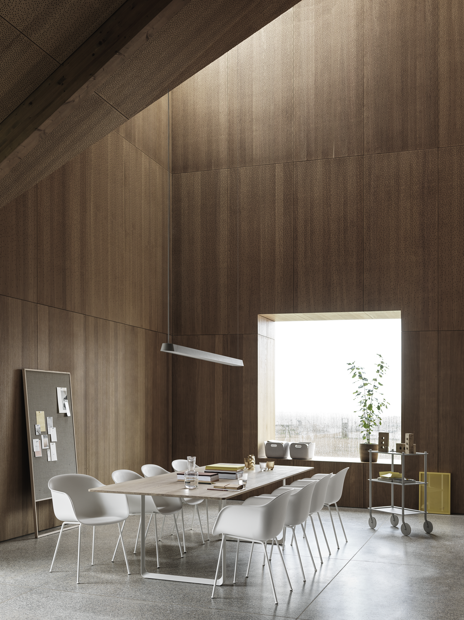 Fiber Armchair Tube Base in White/White - 70/70 Table in Solid Oak/White 295x108 - Linear Pendant 169 cm in Grey - Flow Trolley 3-Layer Grey - Raise Carafe & Glasses in Clear