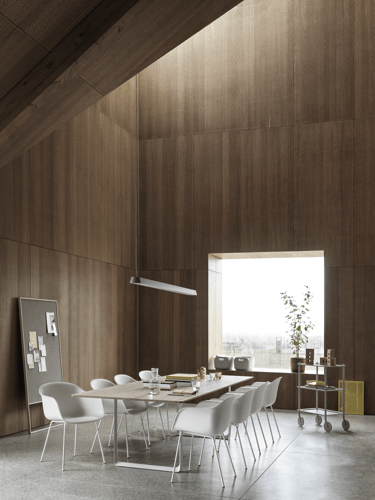 Fiber Armchair Tube Base in White/White - 70/70 Table in Solid Oak/White 295x108 - Linear Pendant 169 cm in Grey - Flow Trolley 3-Layer Grey - Raise Carafe & Glasses in Clear