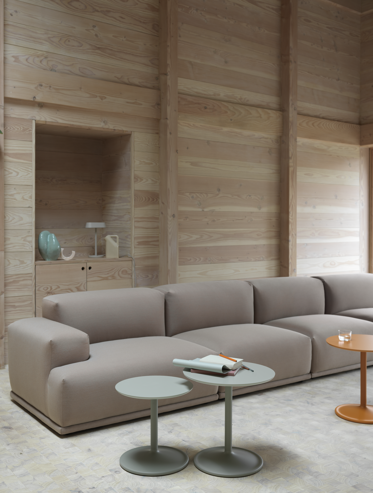 Soft Side Table in Dusty Green, Soft Side Table in Orange, Connect Modular Sofa in Steelcut Trio 426, Linear Table Lamp, Tub Jug