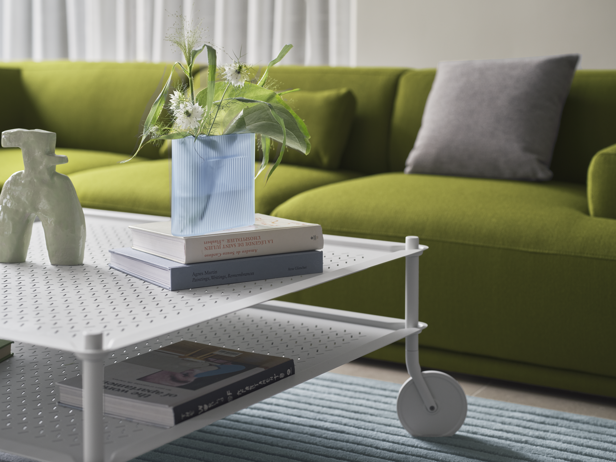 Flow Coffee Table in Grey - Ridge Vase Frosted Glass H16 cm Light Blue - Connect Soft Sofa in Vidar 956 - Relevo Rug in Sage Green