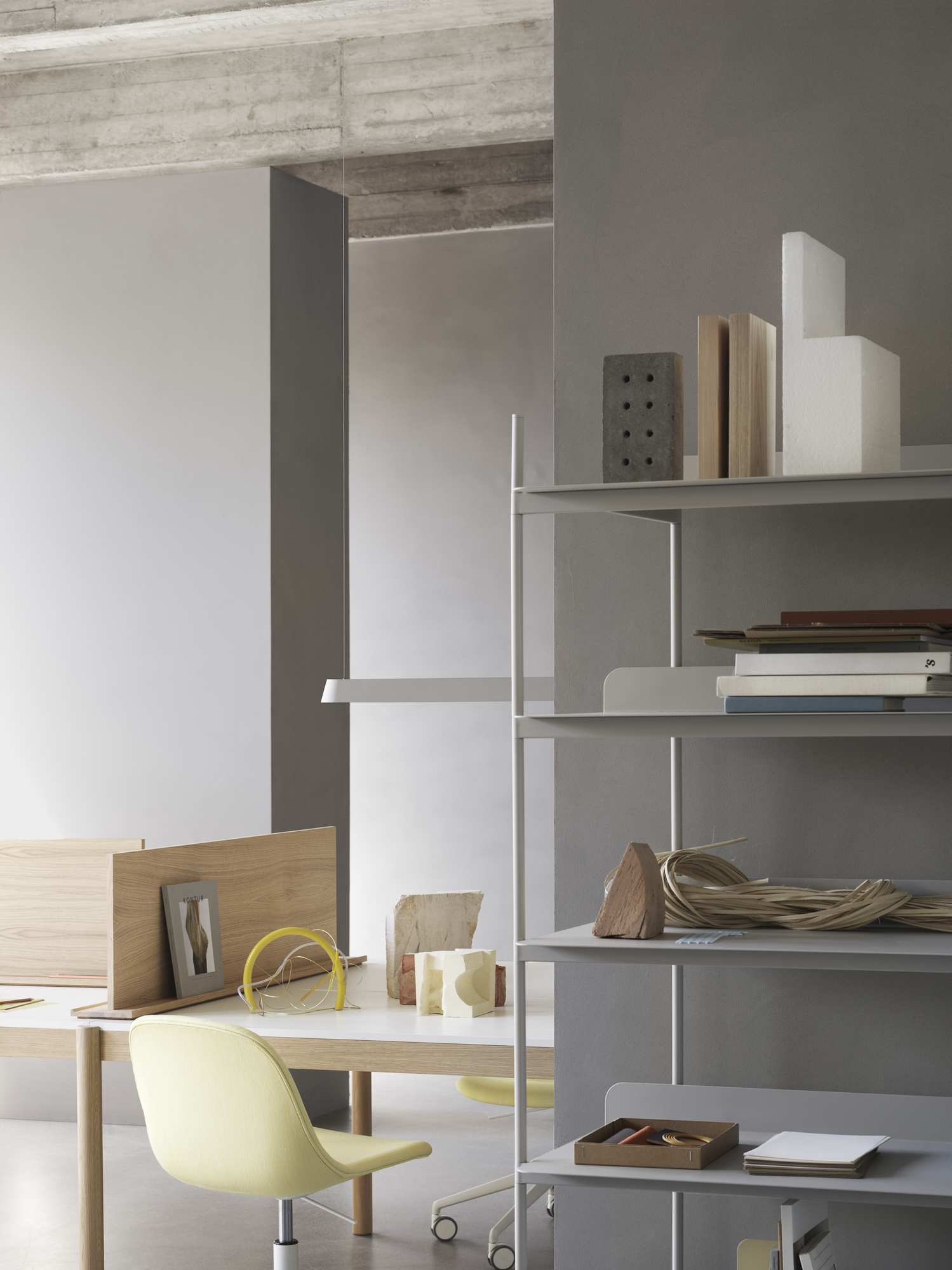Linear System Modular Table Configuration 1 White/Laminate/Oak, Fiber Side Chair Swivel Base w. Castors in Balder 432, Linear Mounted Lamp in Grey, Linear System Screens, Compile Shelves