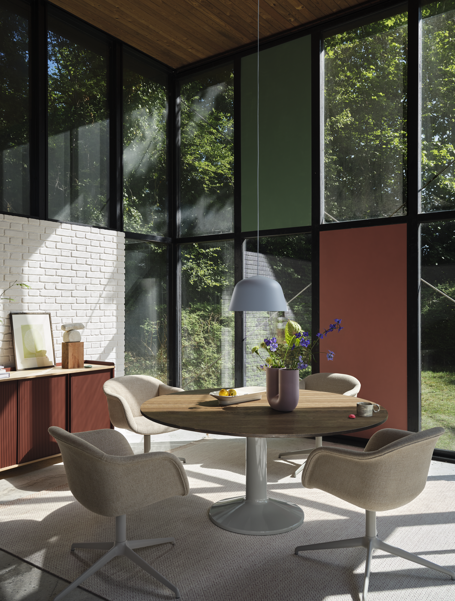 Fiber Soft Armchair Swivel Base in Ecriture 240/Grey - Enfold Sideboard 148x45 cm in Deep Red - Midst Table in Dark Oiled Oak/Grey - Mere Bowl 51x21 cm in Off-White - Ambit Pendant Lamp Ø40 cm in Light Blue