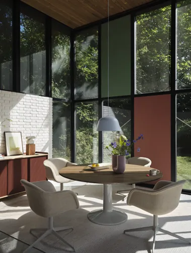 Fiber Soft Armchair Swivel Base in Ecriture 240/Grey - Enfold Sideboard 148x45 cm in Deep Red - Midst Table in Dark Oiled Oak/Grey - Mere Bowl 51x21 cm in Off-White - Ambit Pendant Lamp Ø40 cm in Light Blue
