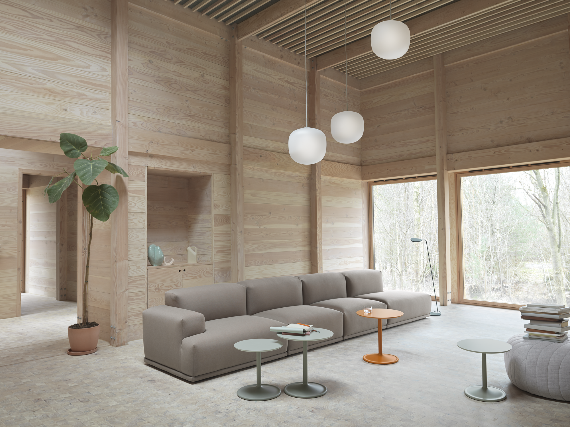 Soft Side Table Dusty Green, Soft Side Table in Orange, Connect Modular Sofa in Steelcut Trio 426, Five Pouf Large in Remix 123, Rime Pendant