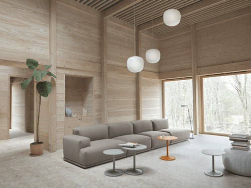 Soft Side Table Dusty Green, Soft Side Table in Orange, Connect Modular Sofa in Steelcut Trio 426, Five Pouf Large in Remix 123, Rime Pendant