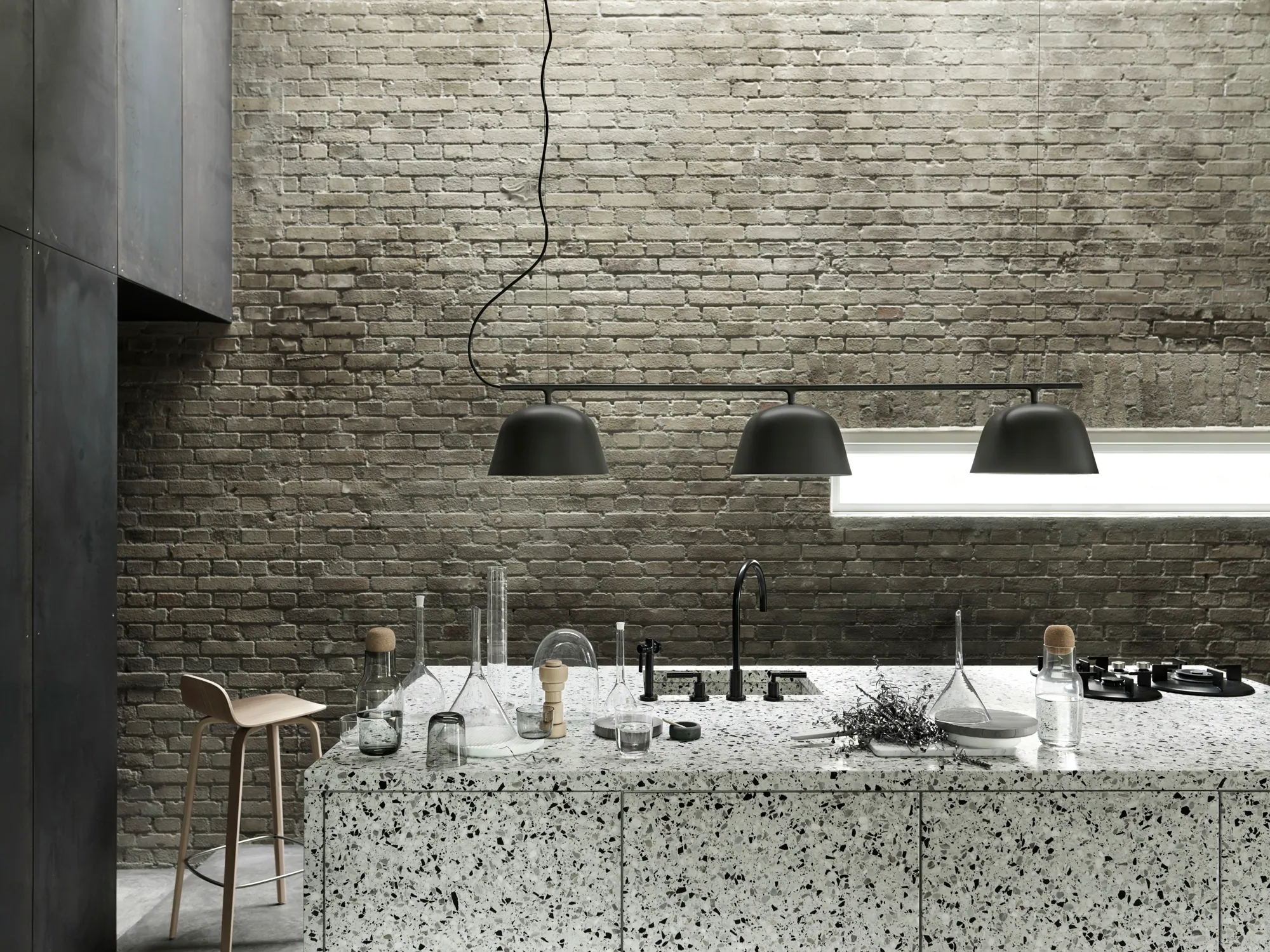 Ambit Rail Lamp - Black. Bisu Bar Stool - Oak. Corky Series - Clear, Grey.