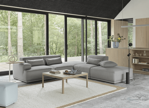 Connect Soft Corner Configuration 3 Rewool 128, Workshop Coffee Table, Wave Tray, Pebble 200x300 cm Burnt Orange, Relate H60 cm Solid Oak/Off-White.