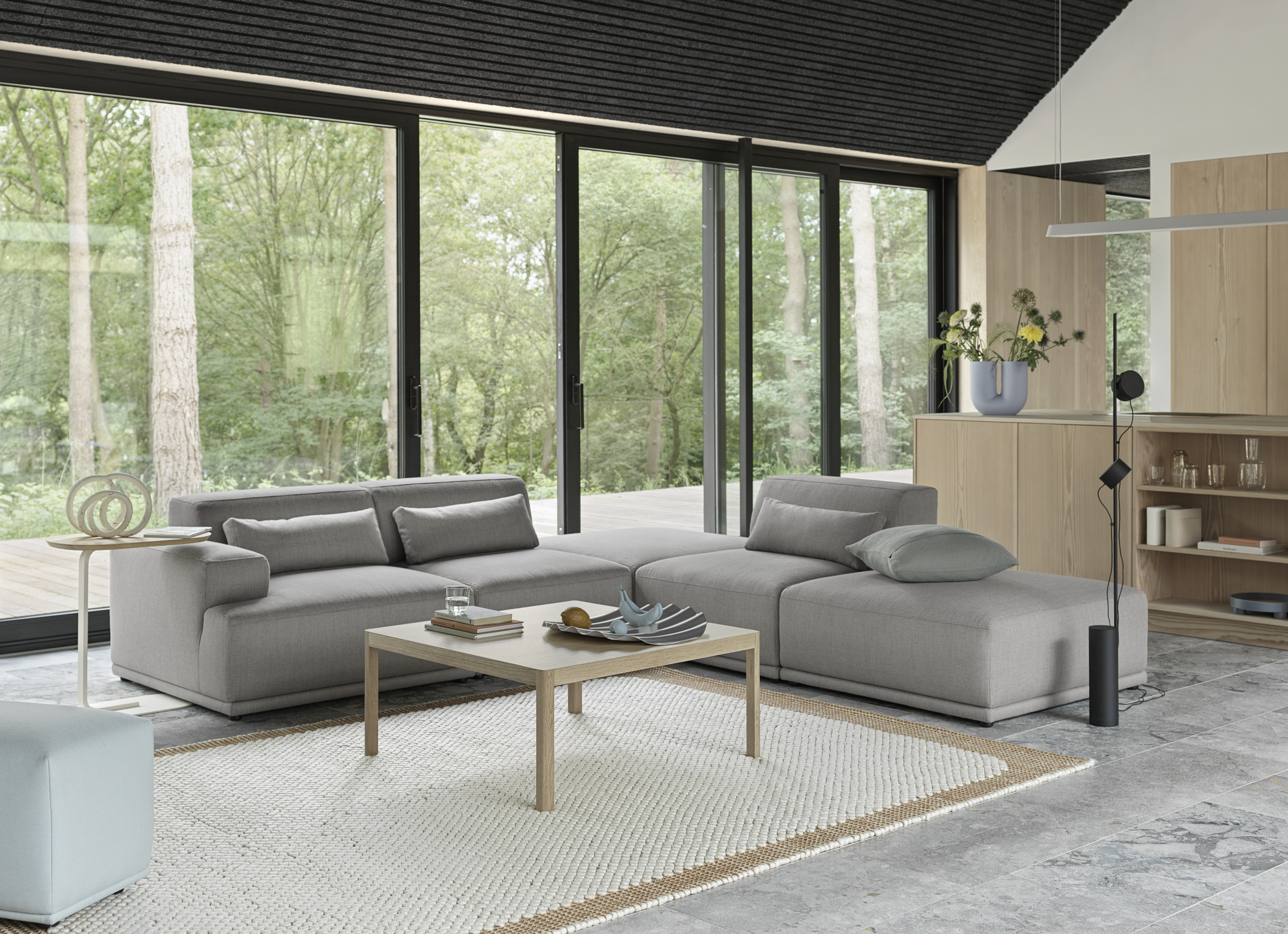 Connect Soft Corner Configuration 3 Rewool 128, Workshop Coffee Table, Wave Tray, Pebble 200x300 cm Burnt Orange, Relate H60 cm Solid Oak/Off-White.