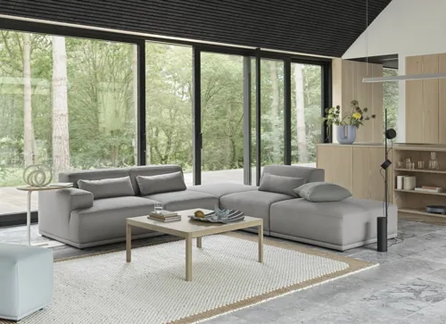 Connect Soft Corner Configuration 3 Rewool 128, Workshop Coffee Table, Wave Tray, Pebble 200x300 cm Burnt Orange, Relate H60 cm Solid Oak/Off-White.