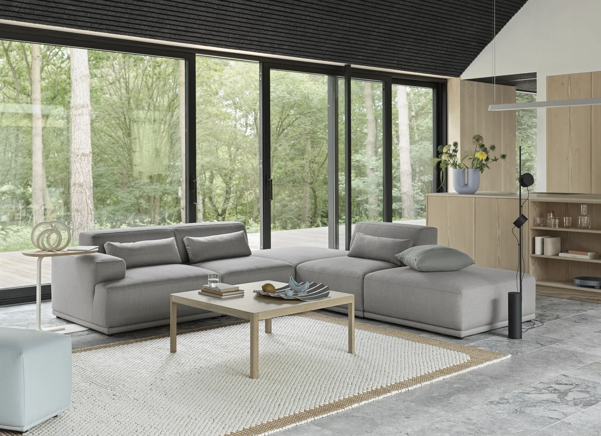 Connect Soft Corner Configuration 3 Rewool 128, Workshop Coffee Table, Wave Tray, Pebble 200x300 cm Burnt Orange, Relate H60 cm Solid Oak/Off-White.