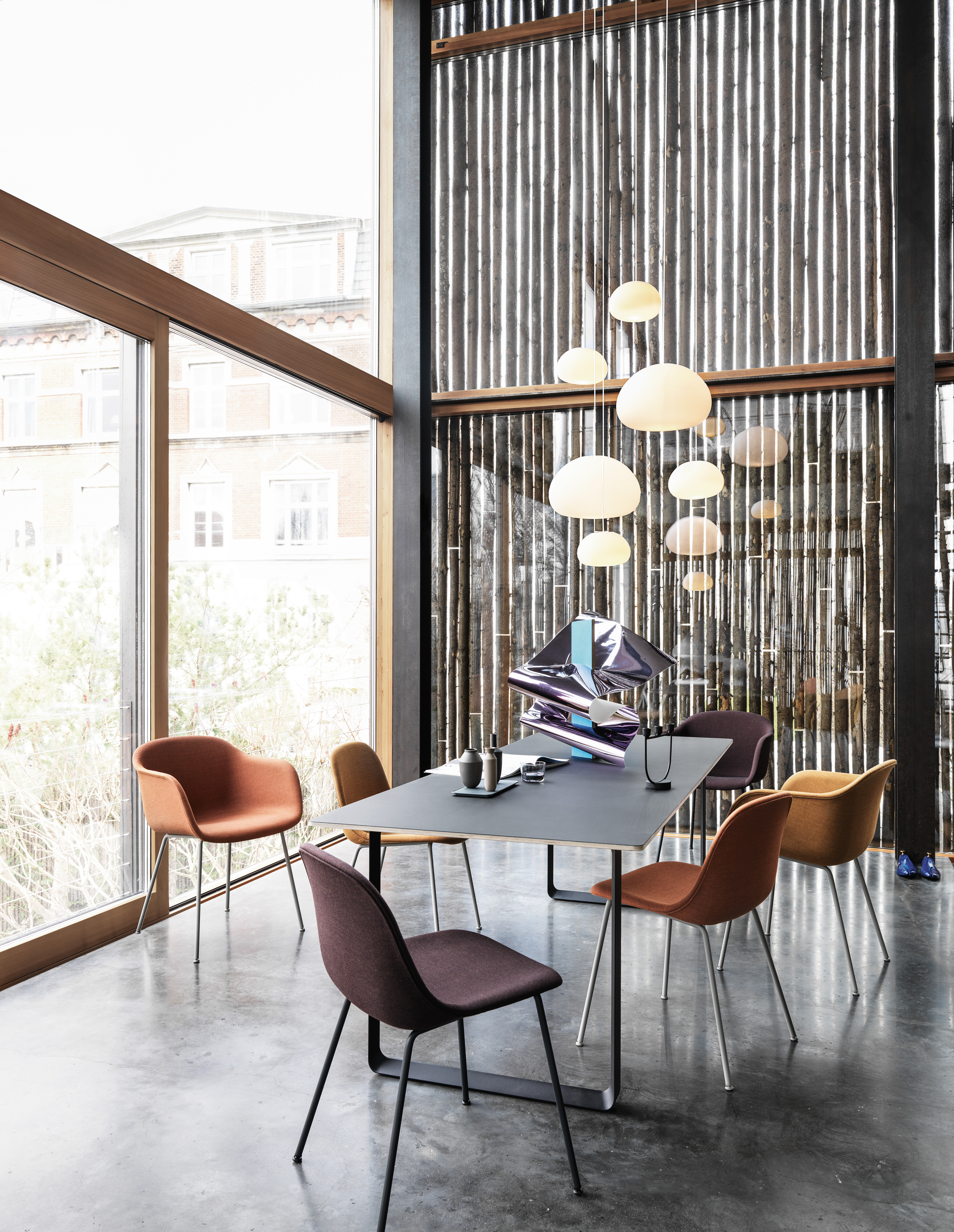70/70 Table Black/Black, Fiber Armchair Tube base Remix 452/Grey, Fiber Side Chair Tube Base Remix 433/Grey, Fiber Armchair Tube base Remix 433/Grey, Fiber Side Chair Tube Base Remix 452/Grey, Fiber Side Chair Tube Base Remix 373/Black, Fluid Pendant Large, Fluid Pendant Small, Open Candelabra Black