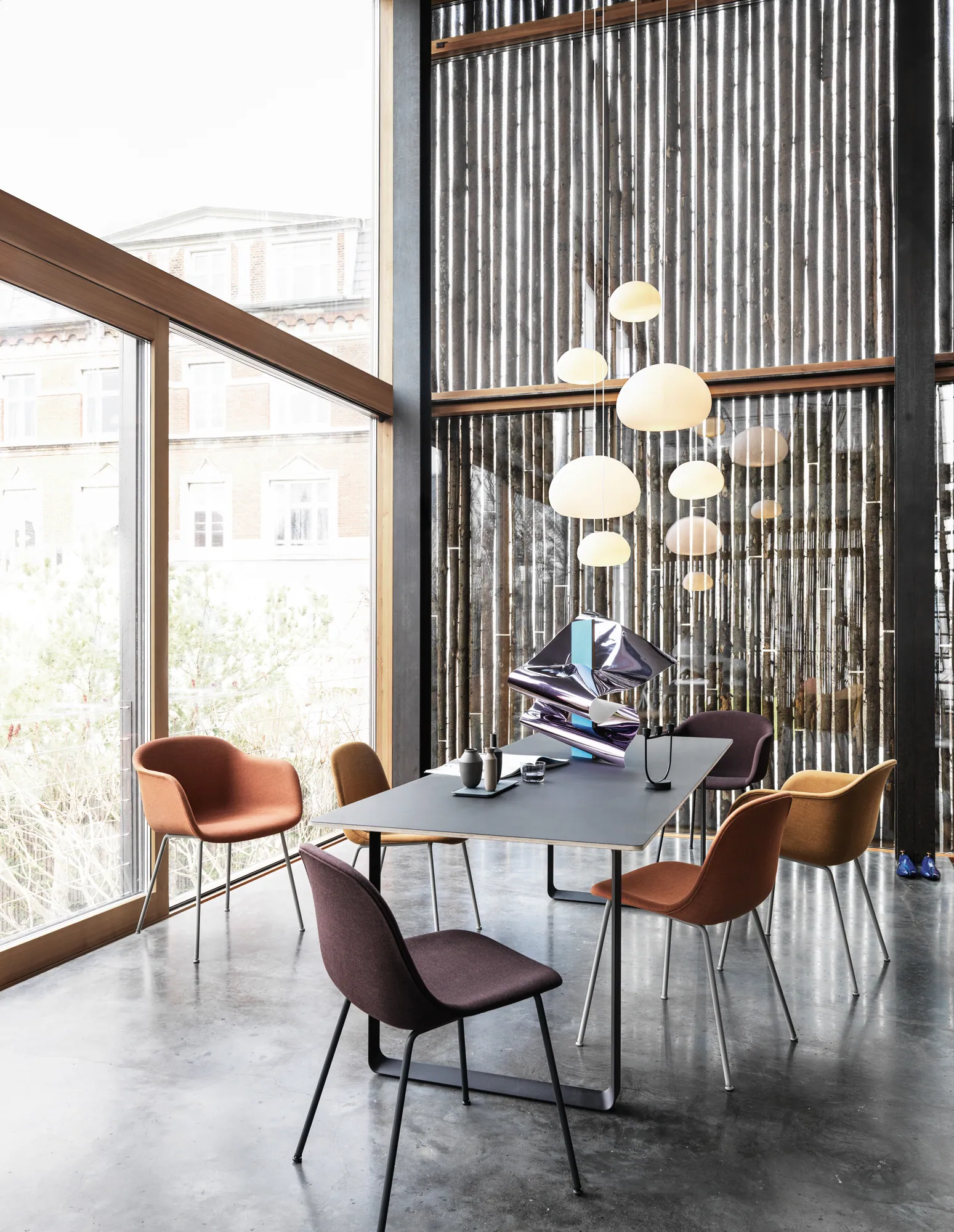 70/70 Table Black/Black, Fiber Armchair Tube base Remix 452/Grey, Fiber Side Chair Tube Base Remix 433/Grey, Fiber Armchair Tube base Remix 433/Grey, Fiber Side Chair Tube Base Remix 452/Grey, Fiber Side Chair Tube Base Remix 373/Black, Fluid Pendant Large, Fluid Pendant Small, Open Candelabra Black