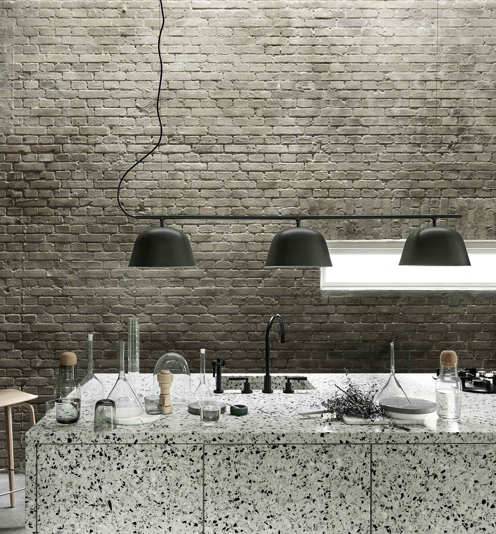 Ambit Rail Lamp - Black. Bisu Bar Stool - Oak. Corky Series - Clear, Grey.