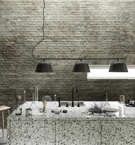Ambit Rail Lamp - Black. Bisu Bar Stool - Oak. Corky Series - Clear, Grey.