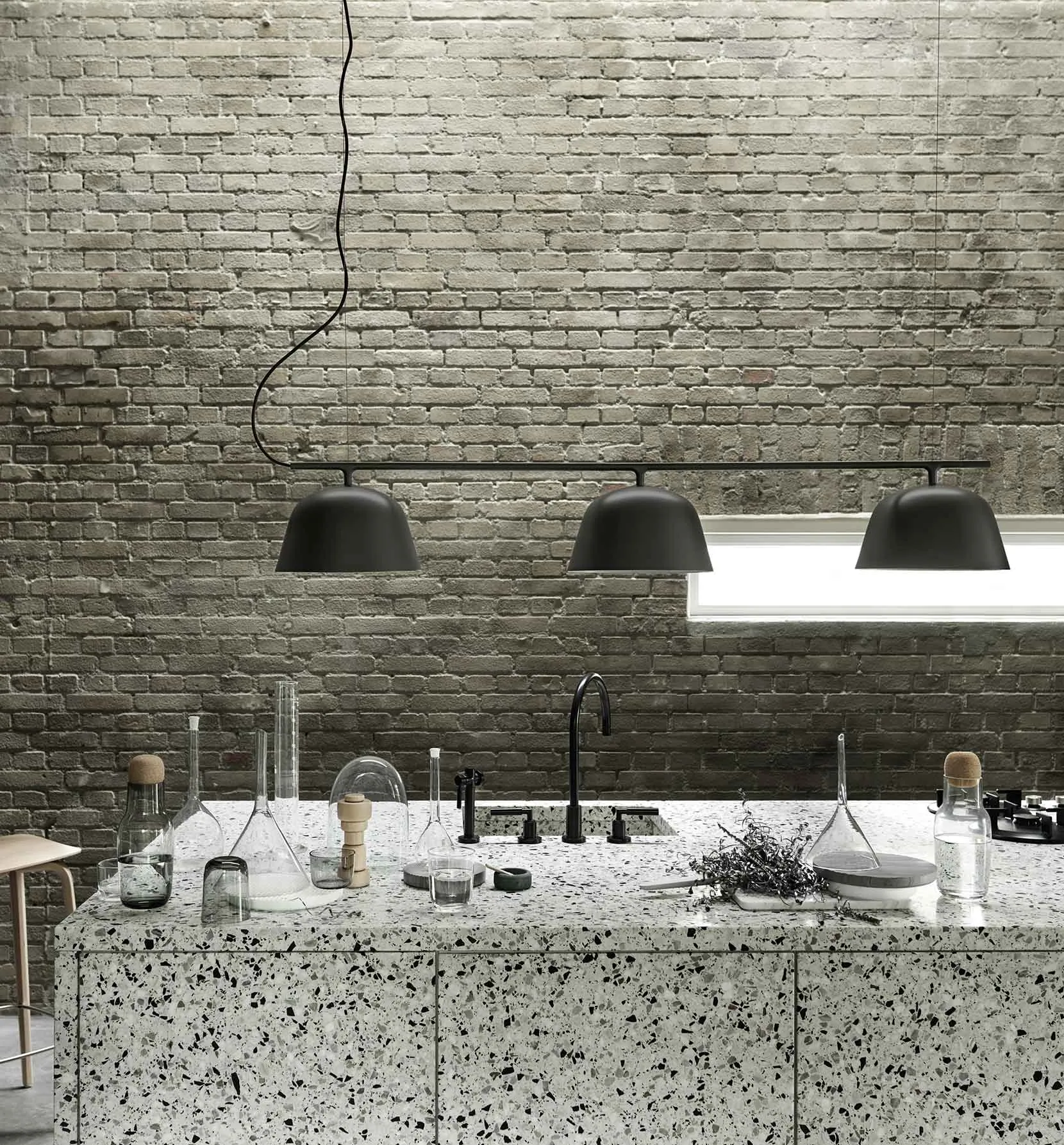 Ambit Rail Lamp - Black. Bisu Bar Stool - Oak. Corky Series - Clear, Grey.