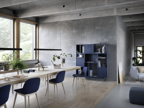 Linear System Modular Table Configuration 3 in Oak, Linear System Trays, Linear Mounted Lamp, Fiber Side Chair Wood Base in Oak & Twill Weave 780, Stacked Shelving Storage Configuration 6