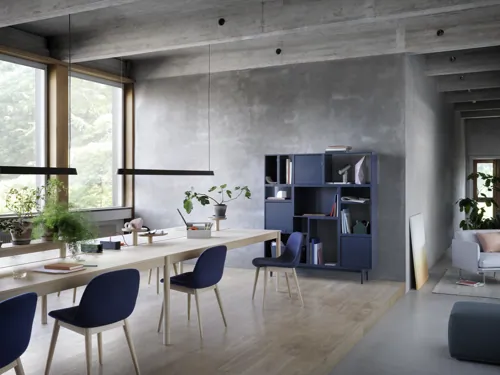 Linear System Modular Table Configuration 3 in Oak, Linear System Trays, Linear Mounted Lamp, Fiber Side Chair Wood Base in Oak & Twill Weave 780, Stacked Shelving Storage Configuration 6