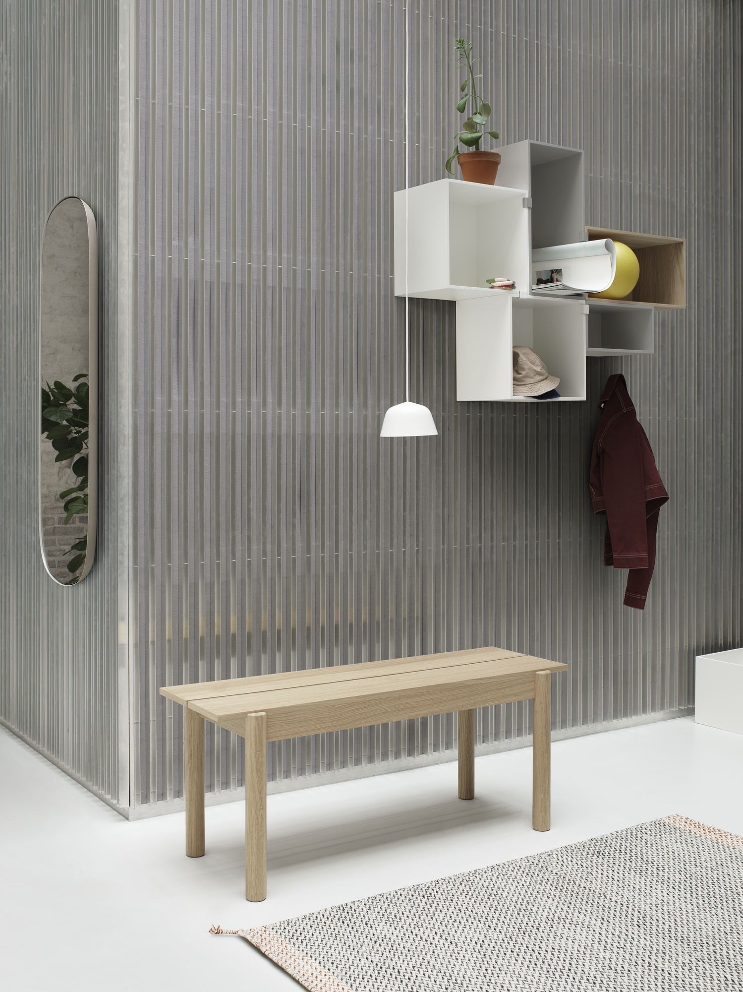 Linear Wood Bench 110 x 34 cm / 43.3 x 13.4, Ambit Pendant Lamp Ø16,5, Mini Stacked Storage System, Framed Mirror Large Grey, Ply Rug 85 x 140 cm Black/White"