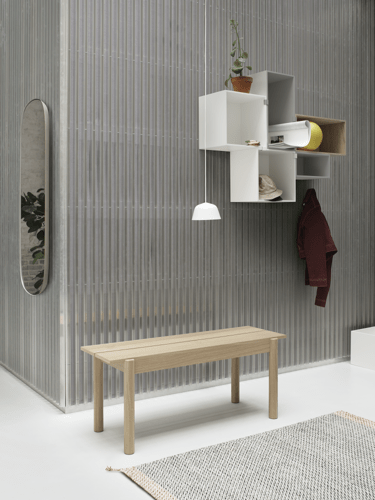 Linear Wood Bench 110 x 34 cm / 43.3 x 13.4, Ambit Pendant Lamp Ø16,5, Mini Stacked Storage System, Framed Mirror Large Grey, Ply Rug 85 x 140 cm Black/White"