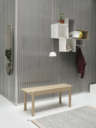 Linear Wood Bench 110 x 34 cm / 43.3 x 13.4, Ambit Pendant Lamp Ø16,5, Mini Stacked Storage System, Framed Mirror Large Grey, Ply Rug 85 x 140 cm Black/White"