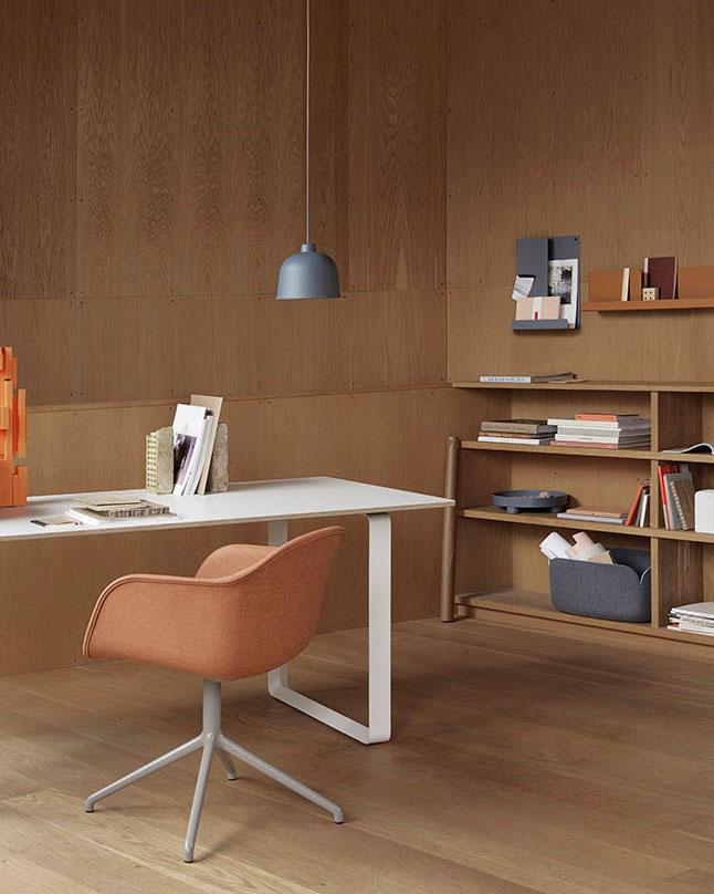 Halves Side Table - Sage Green. 70/70 Table - White/White. Restore Basket - Burnt Orange, Blue-Grey. Fiber Armchair Swivel Base - Remix 452/Grey. Grain Pendant Lamp - Blue-Grey. Folded Shelves - Blue-Grey, Burnt Orange.