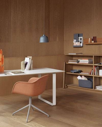 Halves Side Table - Sage Green. 70/70 Table - White/White. Restore Basket - Burnt Orange, Blue-Grey. Fiber Armchair Swivel Base - Remix 452/Grey. Grain Pendant Lamp - Blue-Grey. Folded Shelves - Blue-Grey, Burnt Orange.