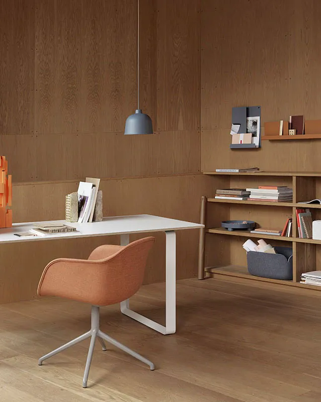 Halves Side Table - Sage Green. 70/70 Table - White/White. Restore Basket - Burnt Orange, Blue-Grey. Fiber Armchair Swivel Base - Remix 452/Grey. Grain Pendant Lamp - Blue-Grey. Folded Shelves - Blue-Grey, Burnt Orange.
