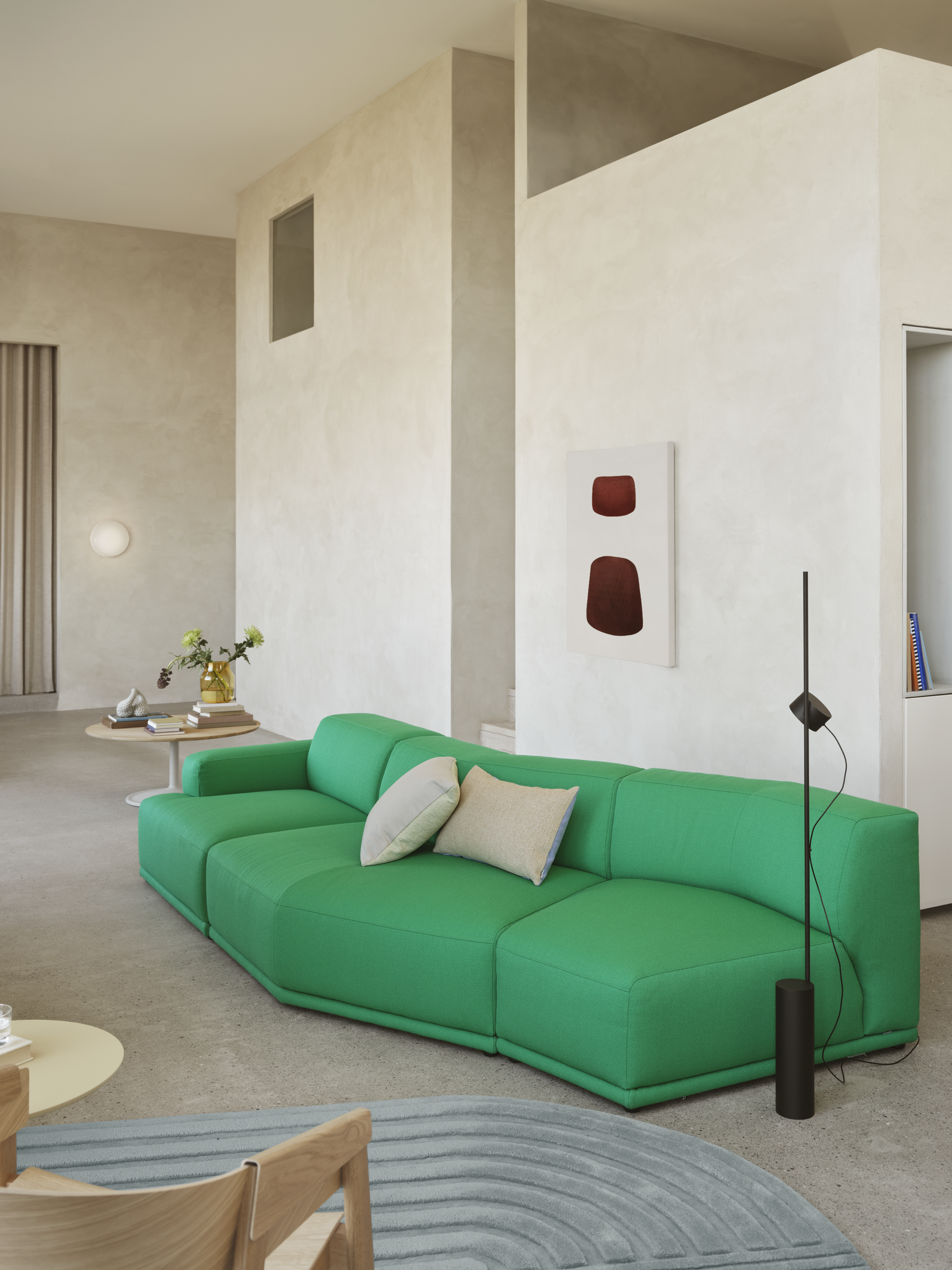 Connect Soft Module J, K, A in Vidar 932 - Post Floor Lamp in Black - Mingle Cushion - Soft Coffee Table in Oak & Grey - Relevo Rug in Sage Green - Cover Lounge Chair in Oak