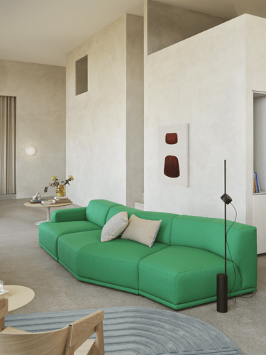Connect Soft Module J, K, A in Vidar 932 - Post Floor Lamp in Black - Mingle Cushion - Soft Coffee Table in Oak & Grey - Relevo Rug in Sage Green - Cover Lounge Chair in Oak