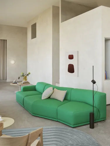 Connect Soft Module J, K, A in Vidar 932 - Post Floor Lamp in Black - Mingle Cushion - Soft Coffee Table in Oak & Grey - Relevo Rug in Sage Green - Cover Lounge Chair in Oak