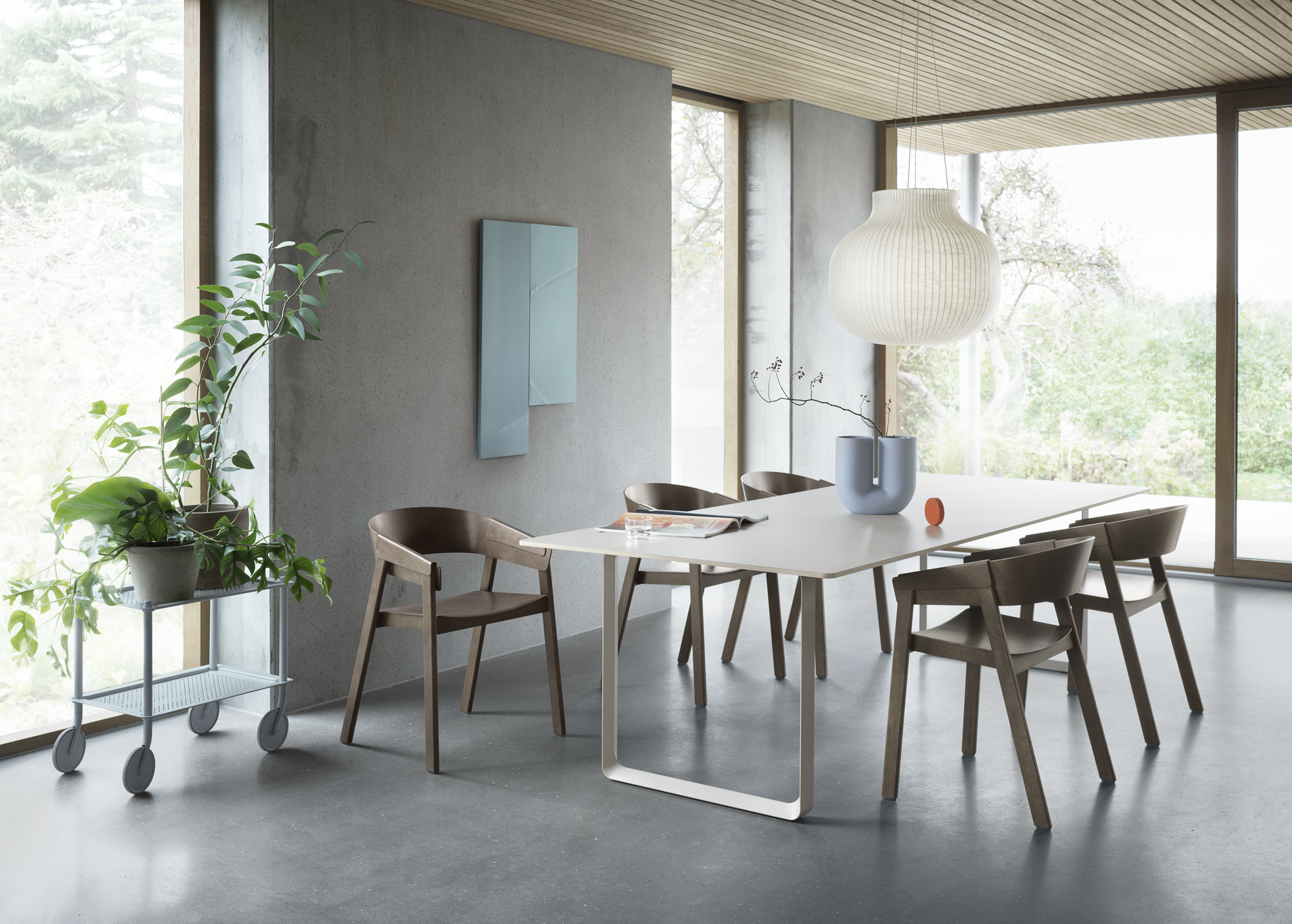 Cover Armchair in Stained Dark Brown, 70/70 Table in Stained Dark Brown/Sand, Strand Pendant Closed Ø60 cm, Flow Trolley 2-Layer in Grey