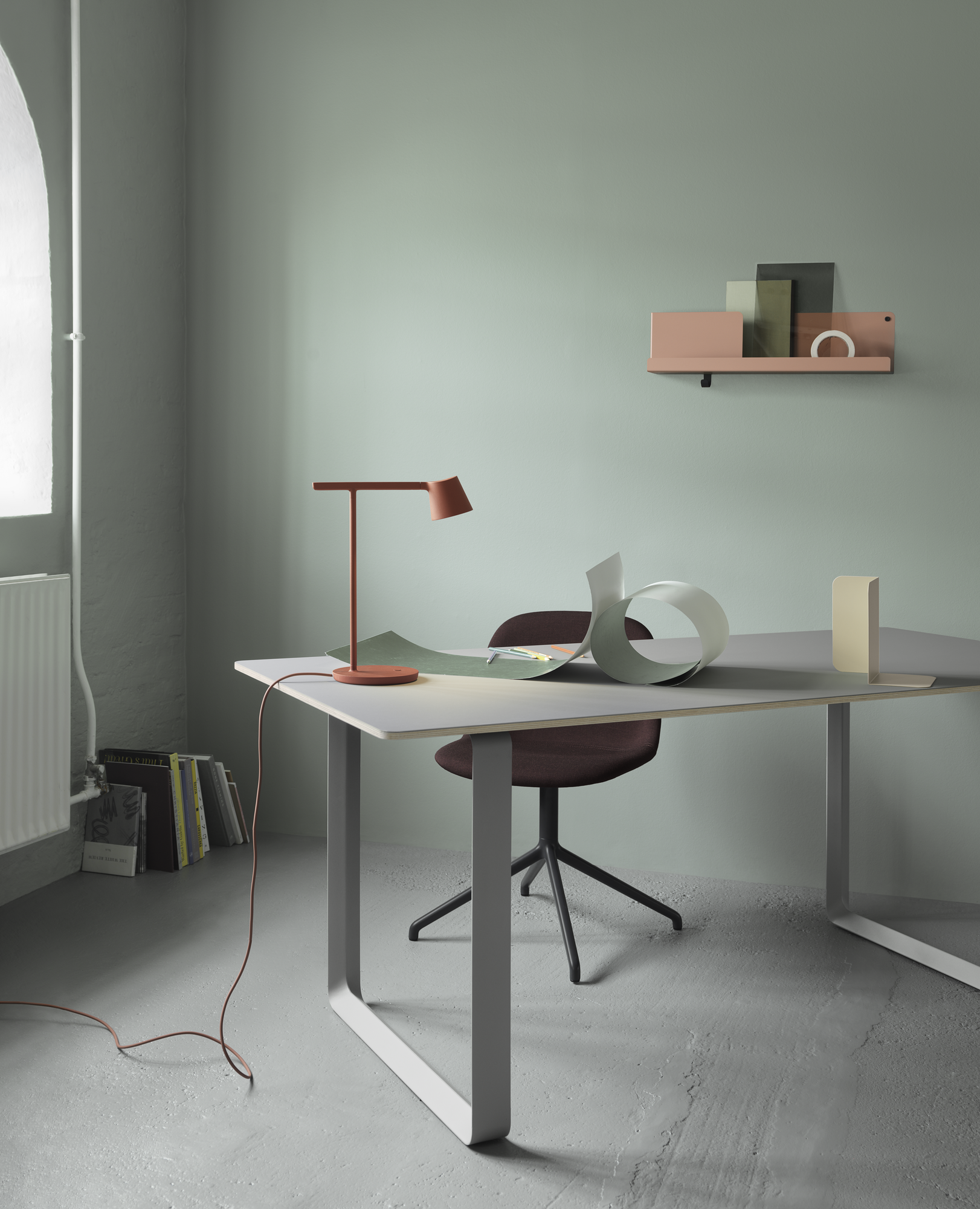 70/70 Table - Grey/Grey. Tip Table Lamp - Copper Brown. Fiber Side Chair - Remix 373/Black. Folded Shelves - Light Terracotta. Compile Bookend - Beige-Green.