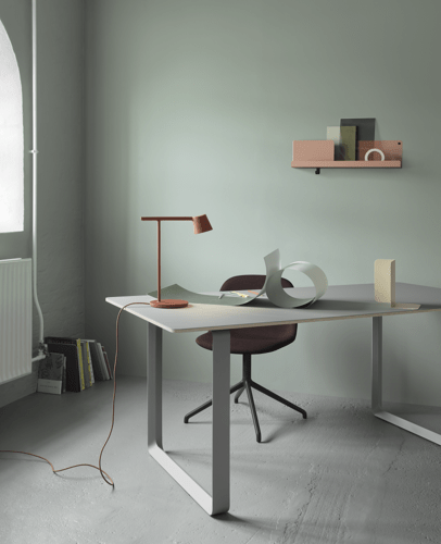 70/70 Table - Grey/Grey. Tip Table Lamp - Copper Brown. Fiber Side Chair - Remix 373/Black. Folded Shelves - Light Terracotta. Compile Bookend - Beige-Green.