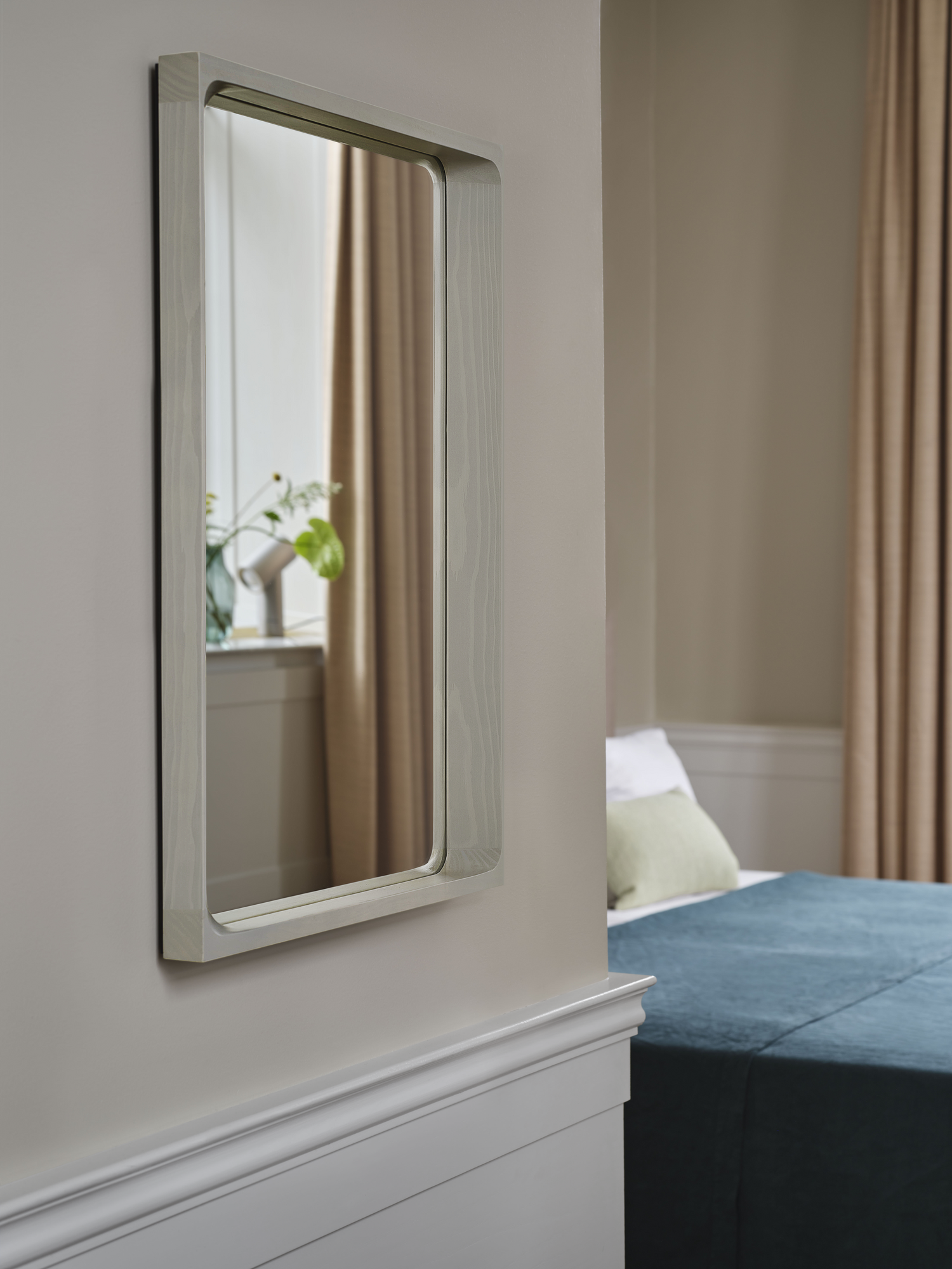 Arced Mirror in Grey - Beam Table Lamp in Aluminum - Silent Vase in Dark Green - Mingle Cushion in Light Green