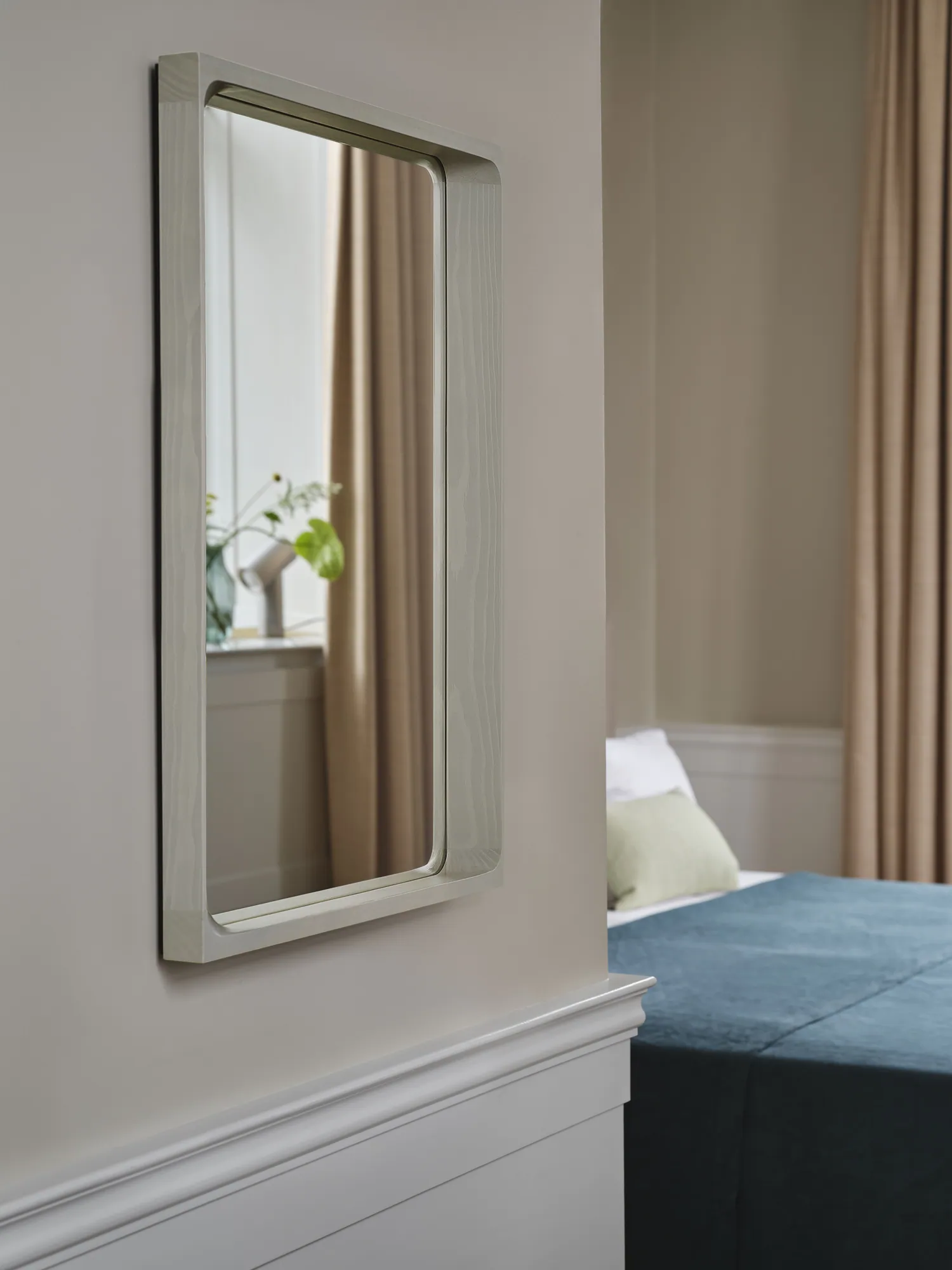 Arced Mirror in Grey - Beam Table Lamp in Aluminum - Silent Vase in Dark Green - Mingle Cushion in Light Green