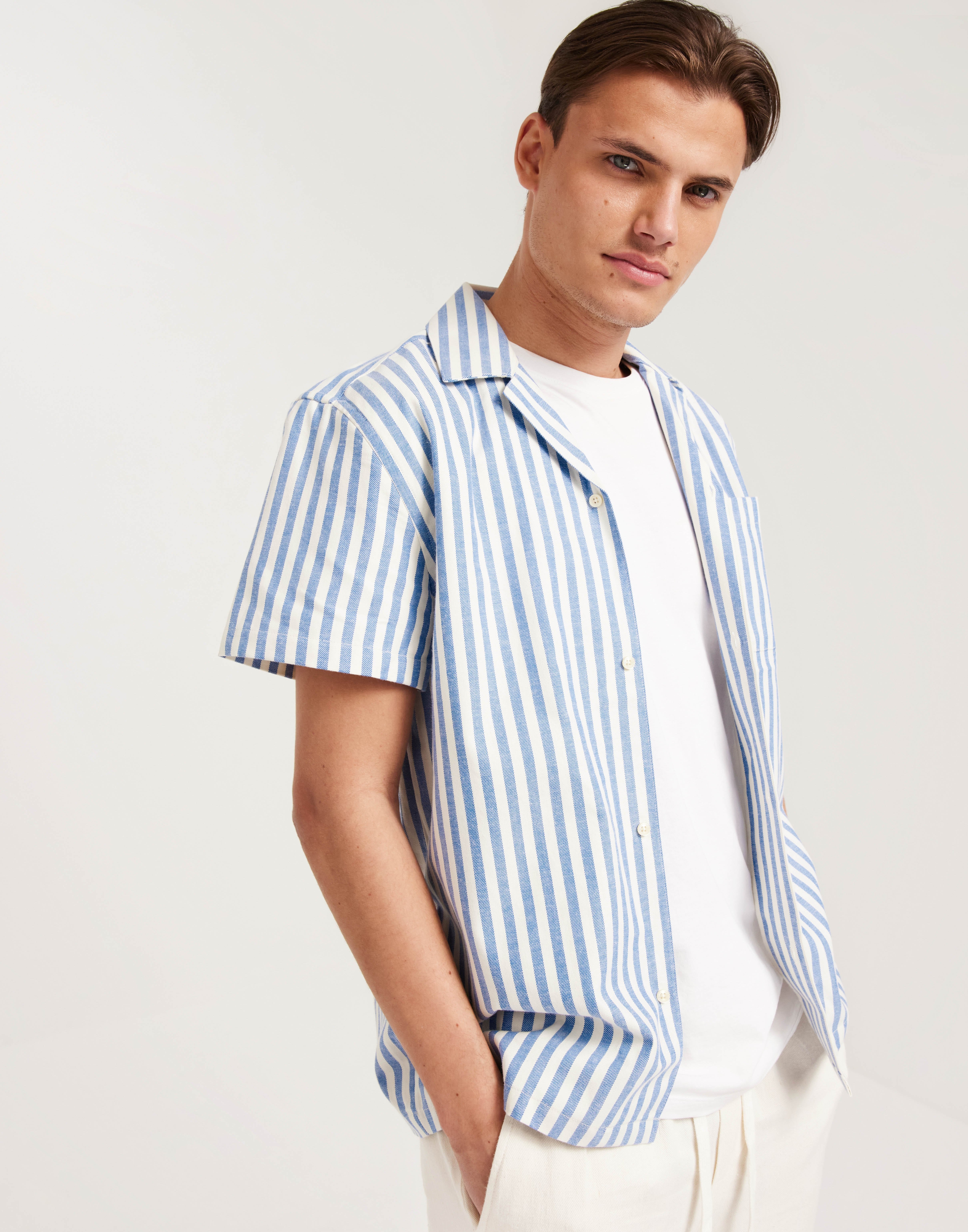 Buy Les Deux Lawson Stripe SS Shirt - *NY*Ivory/Palace Blue | NLYMAN