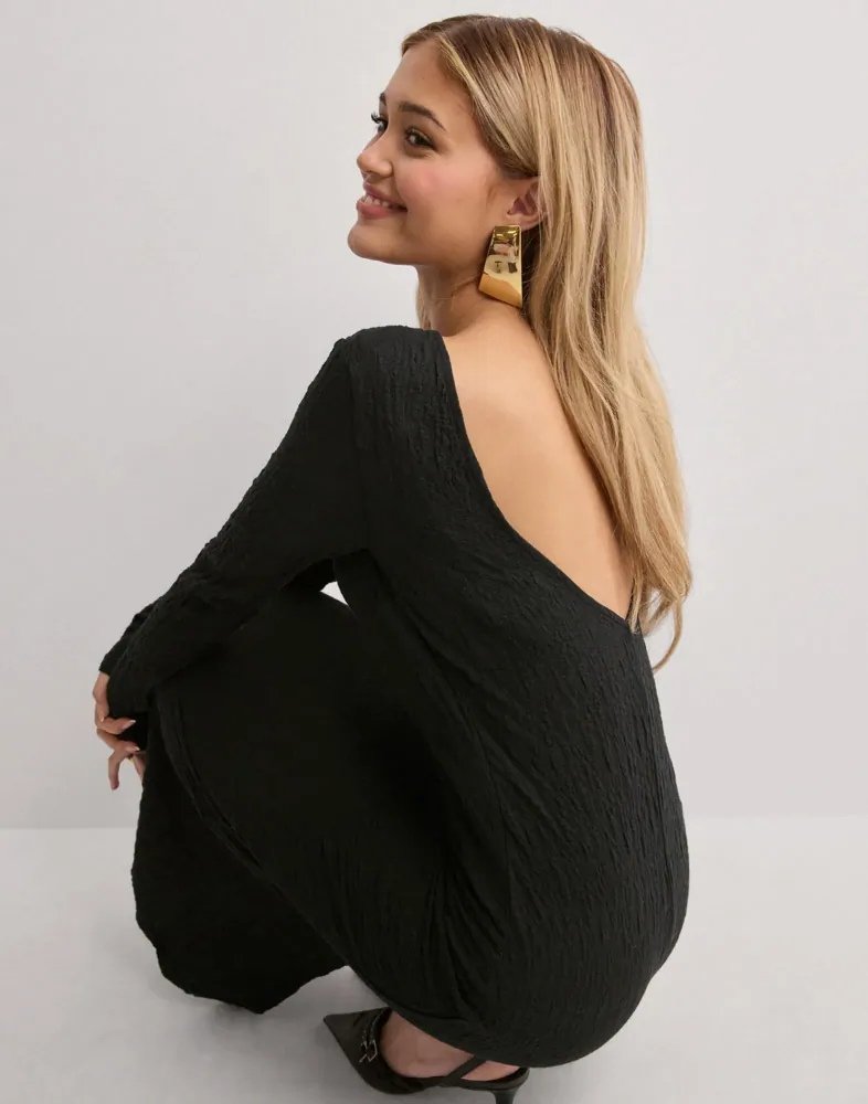 blue dress shirt black pants La Lune Long Sleeve Backless Mini Dress | Black | Dresses