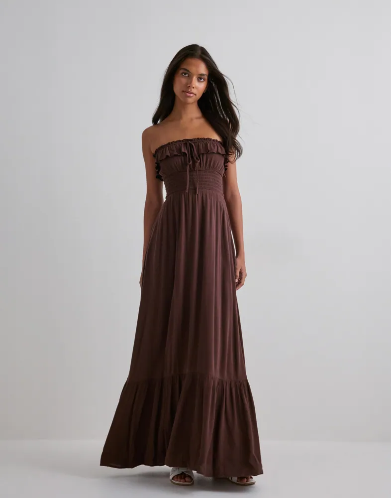 brown summer maxi dress Boho Summer Beach Maxi Dress – Sleeveless Ruffle A-Line Long Dress in Beige | Women's Boho Fashion | M main image 0