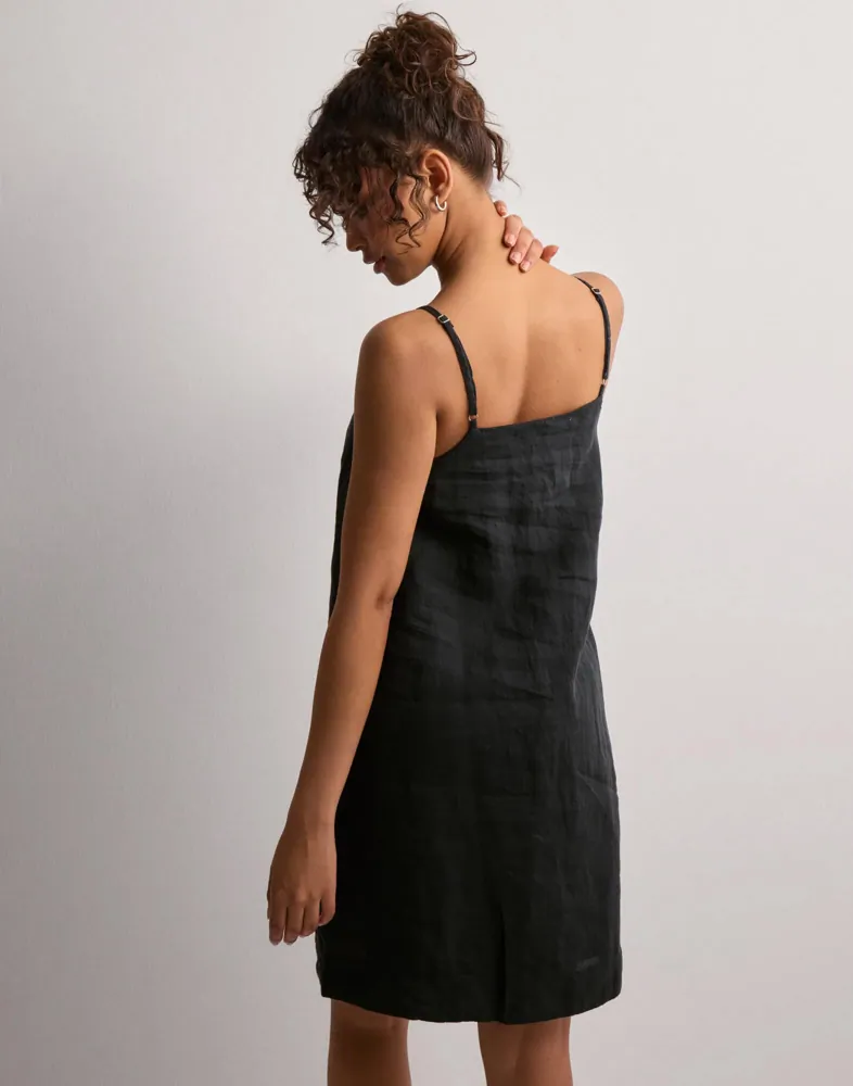 princess polly baby blue dress Linen V-Neck Slip Midi Dress in Black WILLOW main image 0