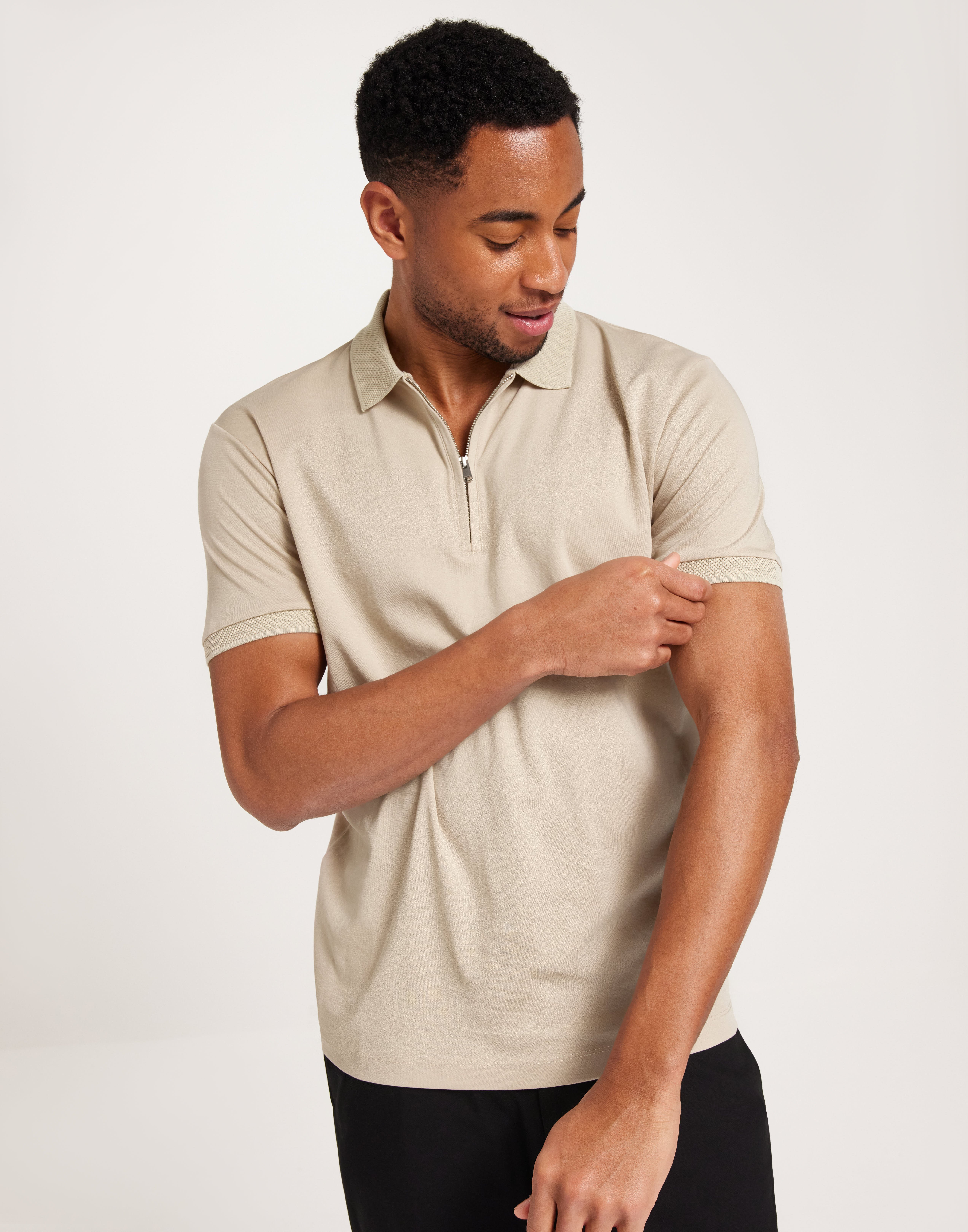 Selected Homme Slhfave Zip Ss Polo Noos Kortærmede poloer Beige