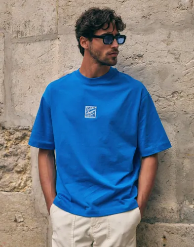 Selected blå t-shirt med rund hals och tryck fram och bak