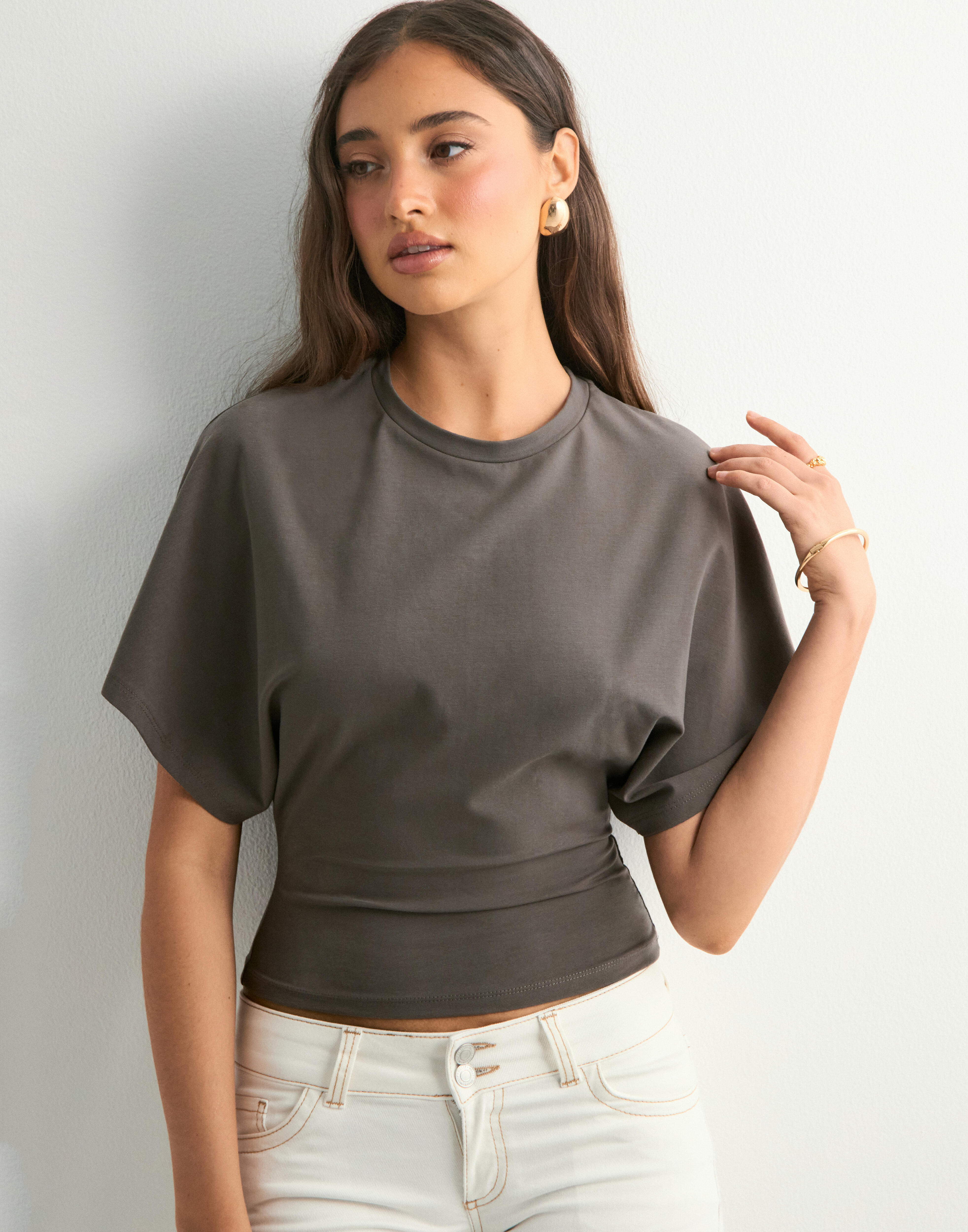 Buy Nelly Round Neck Wide Sleeve Embroidery Tee - Light Grey