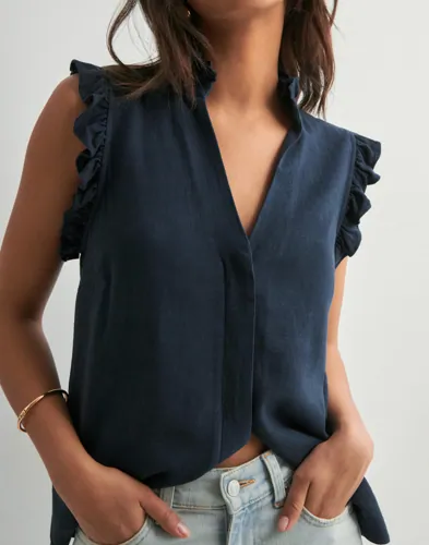 Selected Femme - Blå - Slfviva Sl Sun Ruffle Top Noos