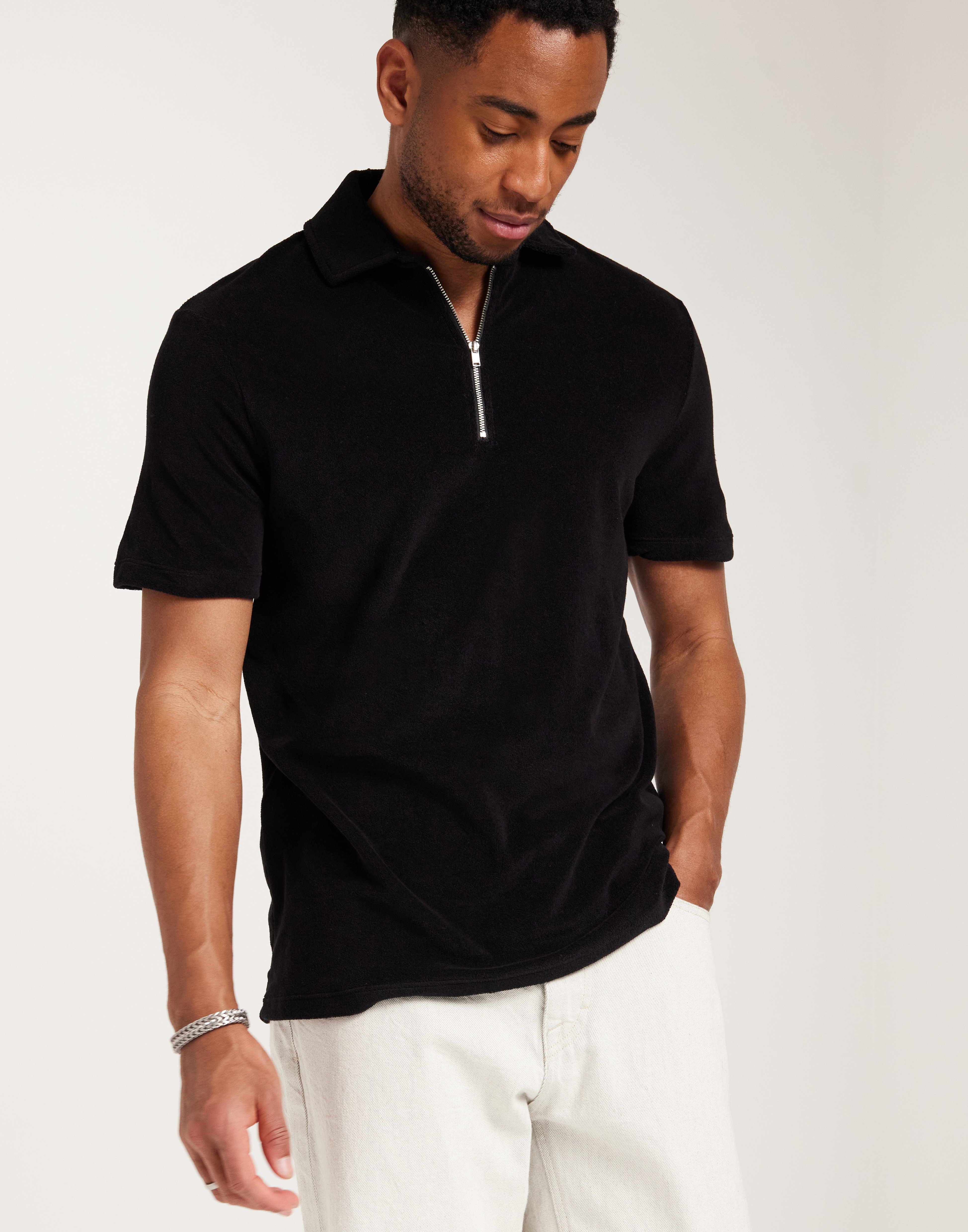 Selected Homme Slhrelax-Terry Ss Zip Polo Ex Kortærmede poloer Sort