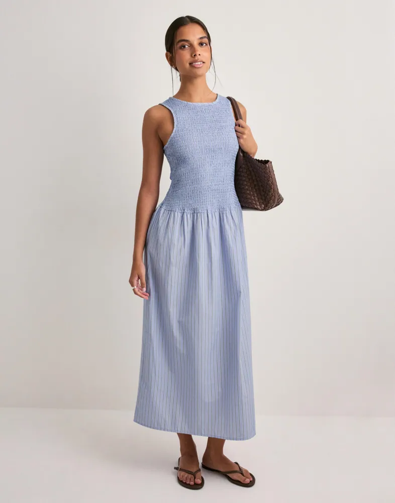 blue stripe smock dress Linear Ease Striped Smocked Back Dress Blue / XL