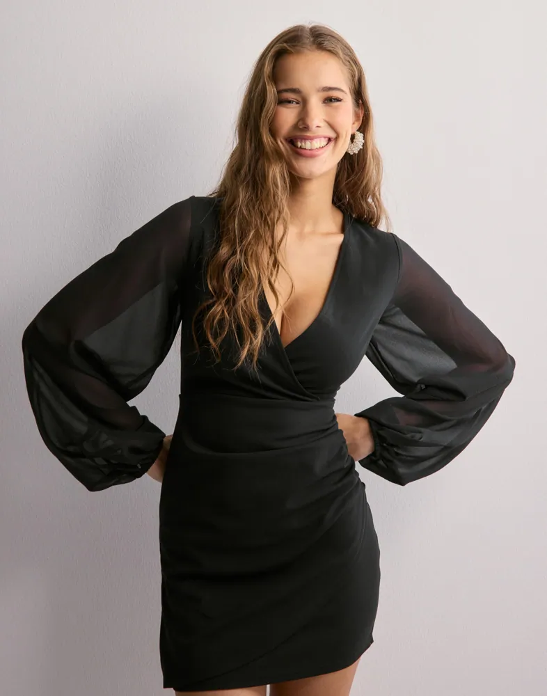 Buy Nelly Chiffon Sleeve Wrap Dress - Black | Nelly.com