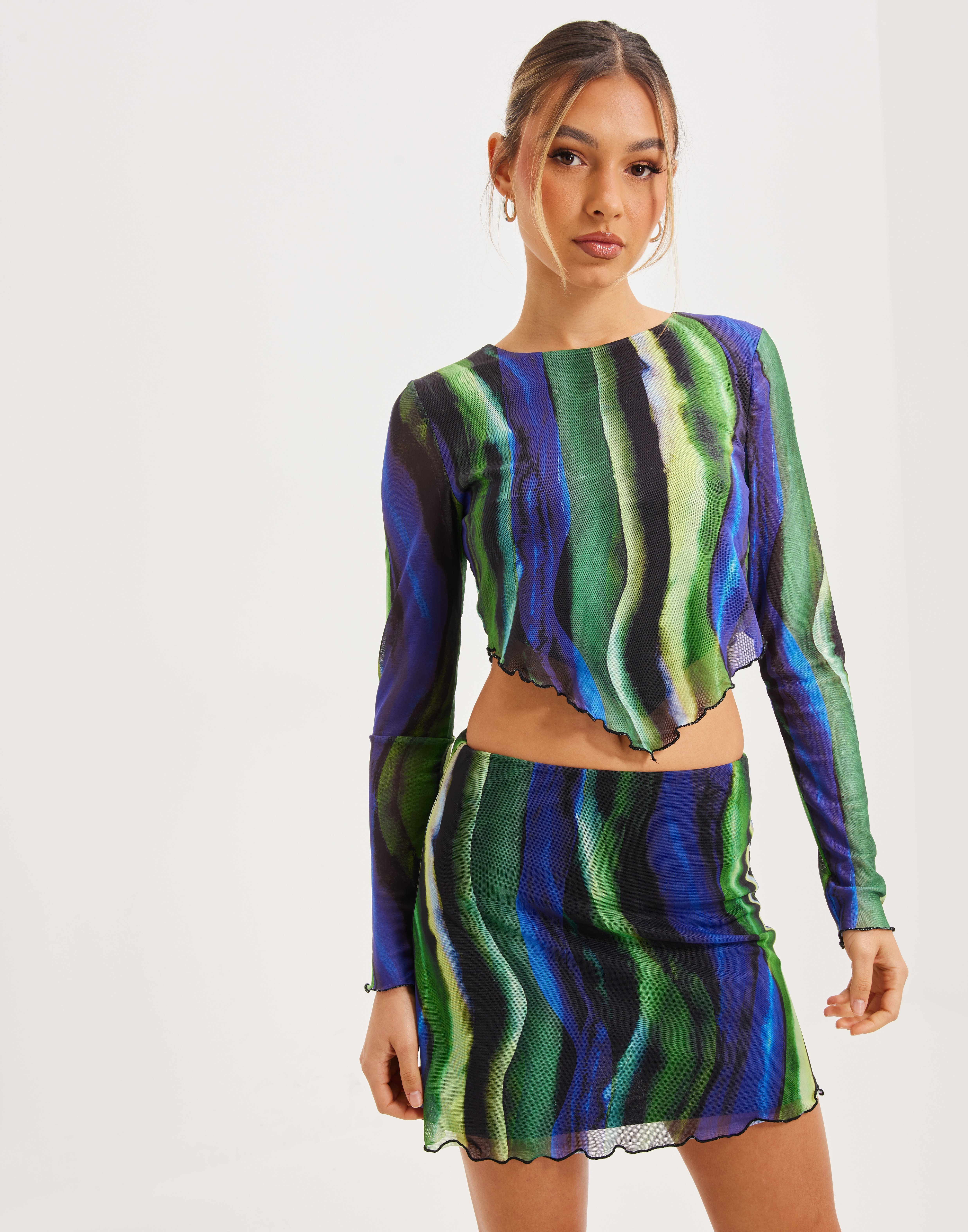 Noisy May mesh t-shirt and mini skirt in blue print